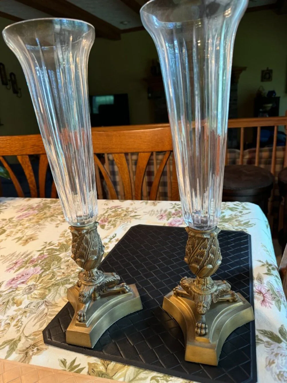 Pair of Metal & Glass Tall Unique Taper Candleholders Beveled Glass 17 1/2